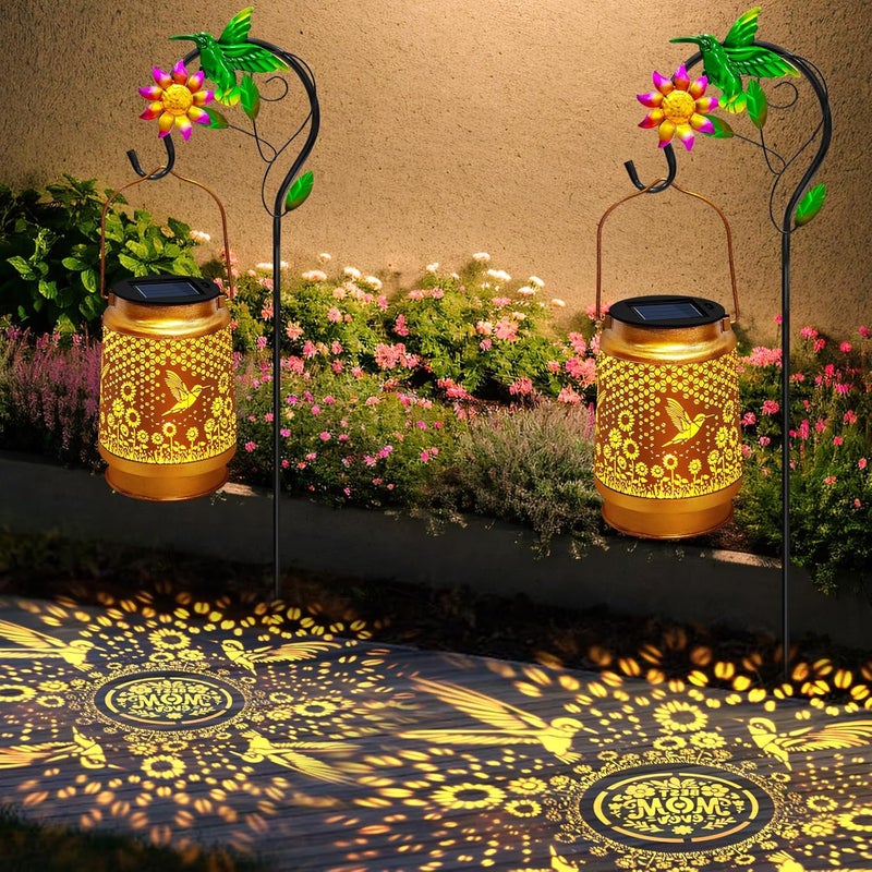 EDOF 2 Packs Solar Lanterns Outdoor Waterproof with Shepherd Hook,Hummingbird Hanging Solar Lights Garden Decor,Christmas Decorations Birthday Gifts for Women Mom,Metal Bird Decorative for Yard,Patio,Lawn - Image 1
